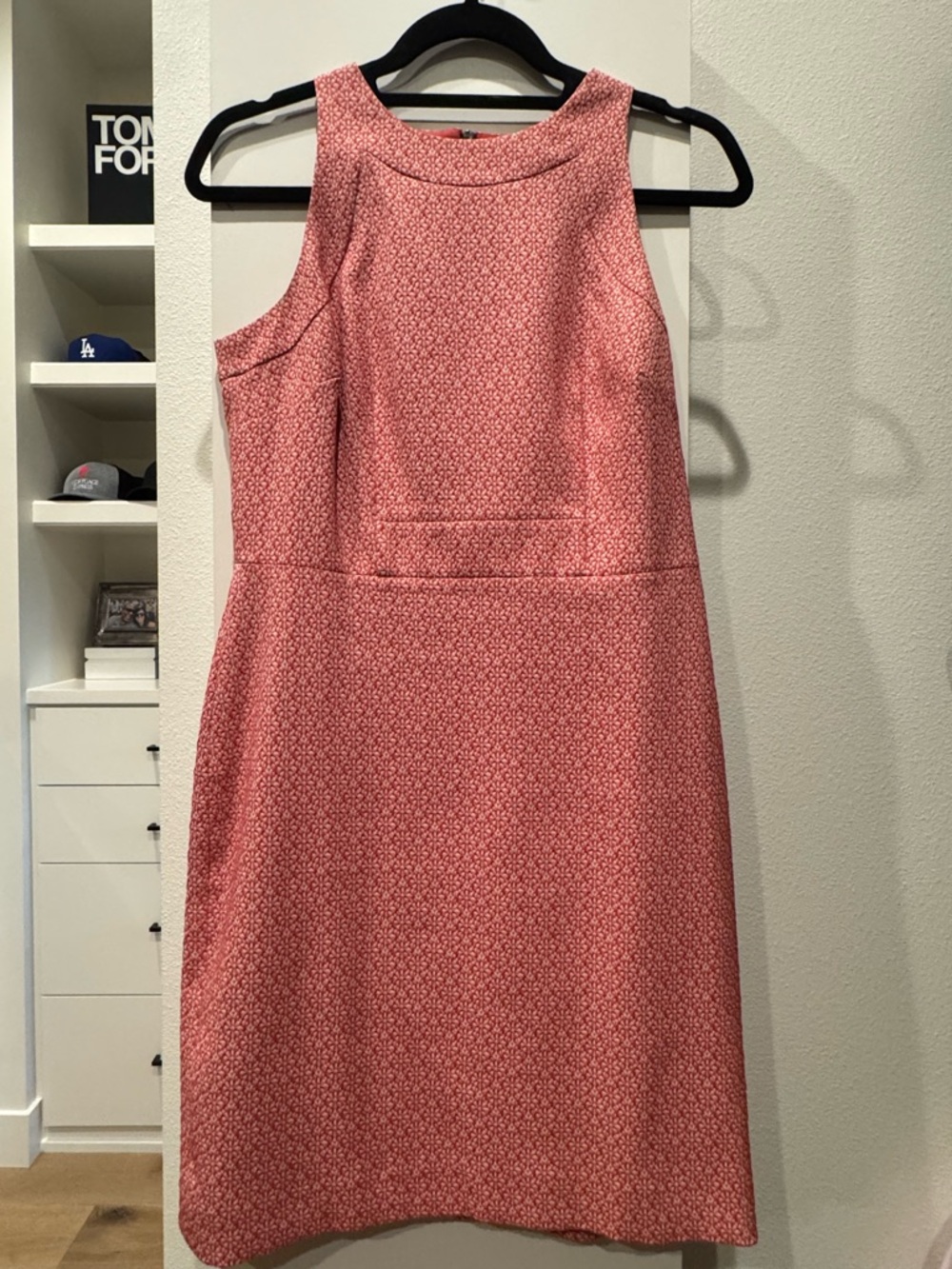 Ann Taylor sleeveless jacquard sheath dress in a coral color.